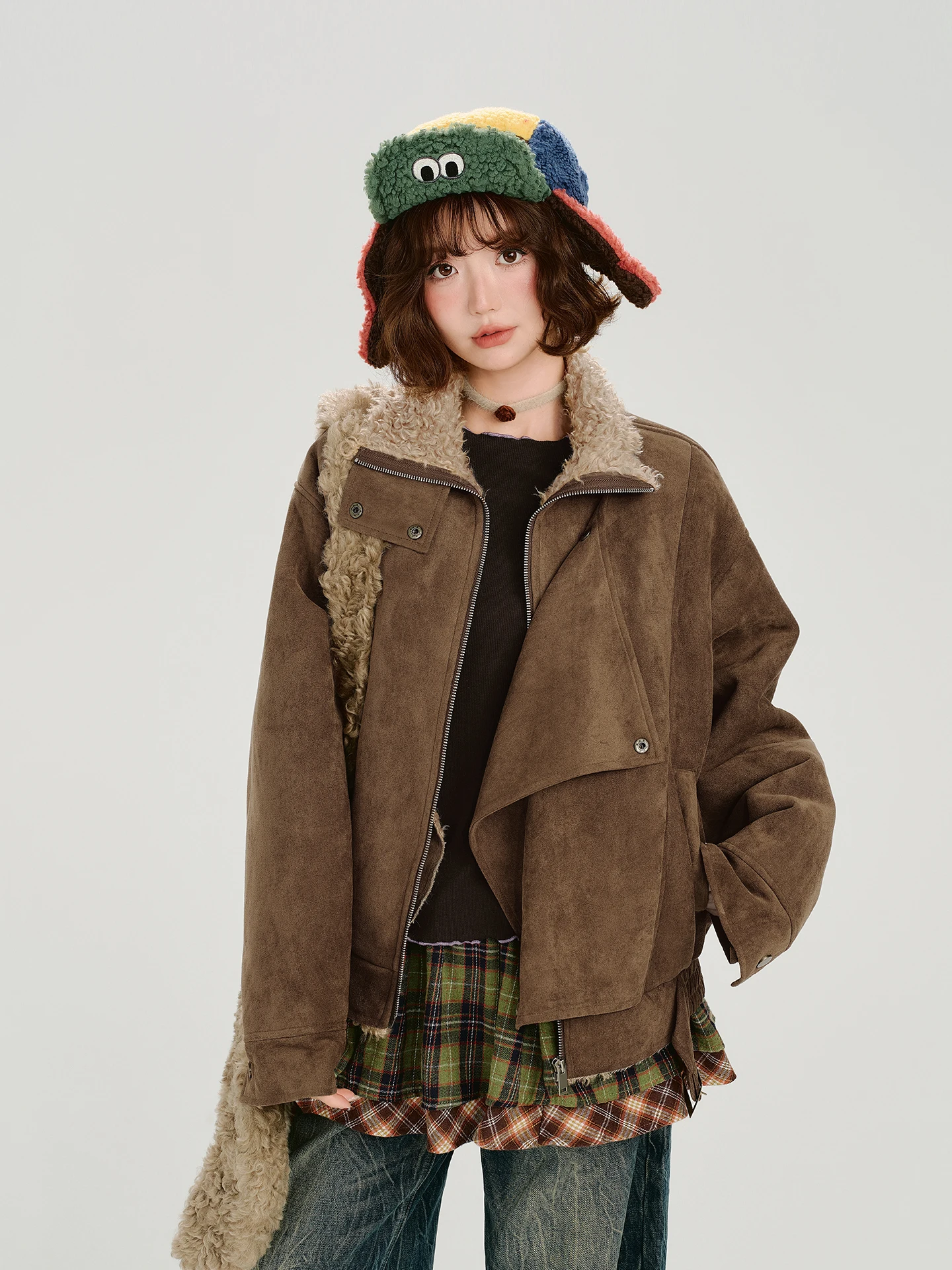 

Girly American Retro Leather And Fur Collar Jaet Women Winter Loose Top Casual Sle Long Sve Button Closure Coat