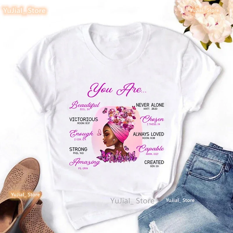 Camiseta gráfica preta com estampa feminina, camiseta borboleta mágica, você é linda, nunca sozinho, forte, surpreendente, capaz, fêmea, meninas