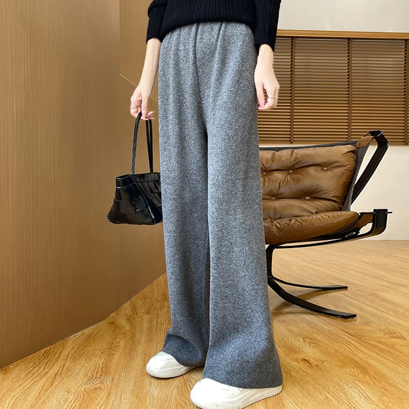 100%Merino Pure Wool Wide Leg Pants Women's AutumnWinter Elastic High Waisted Solid Color Loose And Warm Knit Straight Leg Pants