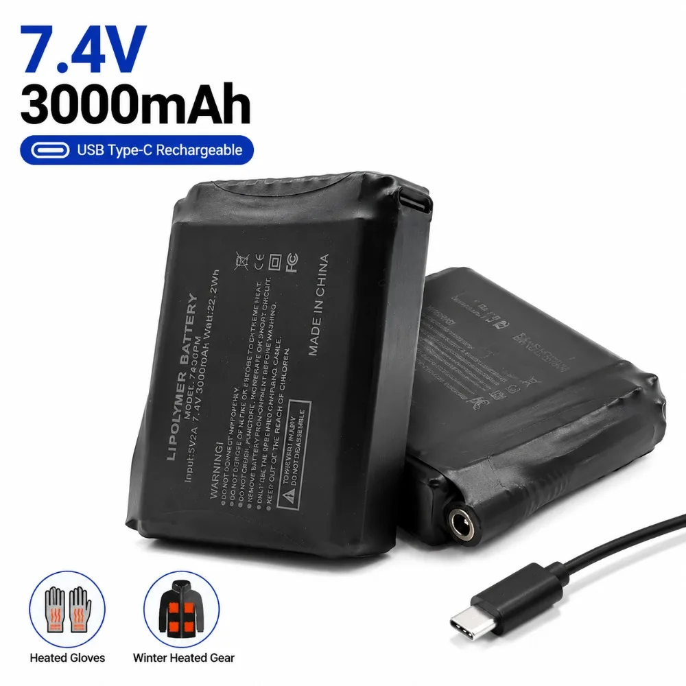 7.4V 3000mAh Lithium Polymer Rechargeable Battery Suitable for Heated Vests, Socks, Motorcycle Gloves, and Antifreeze Batteries.