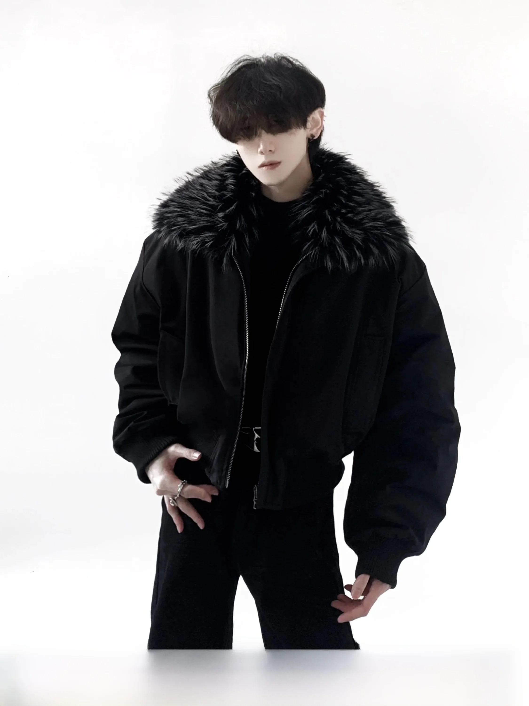Thick Short Men's Cotton Jacket Autumn Mountain Wind Black White Tiger Pattern Large Fur Collar Winter Warm Casual Coat