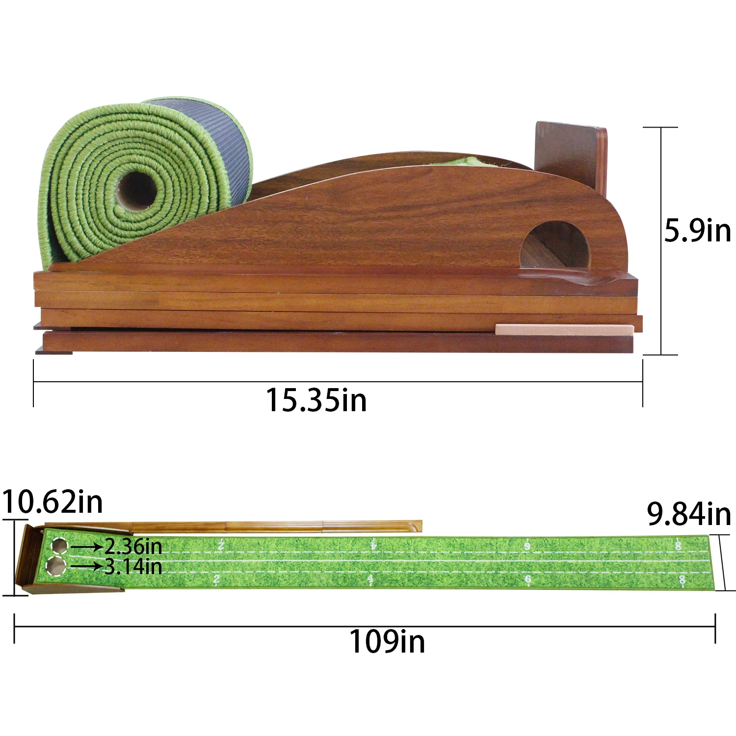 Golf-Putting-Matte für den Innen- und Außenbereich mit automatischem Ballrücklaufsystem aus Holz und 2 Löchern, grünes Zubehör