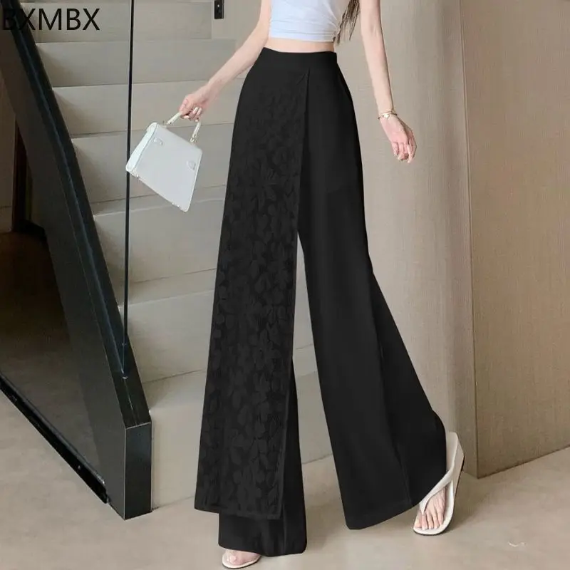 Si Die Pet Wide Leg Pants: Lace Splicing High Waist Breathable Loose Design Summer Wide Leg Pants