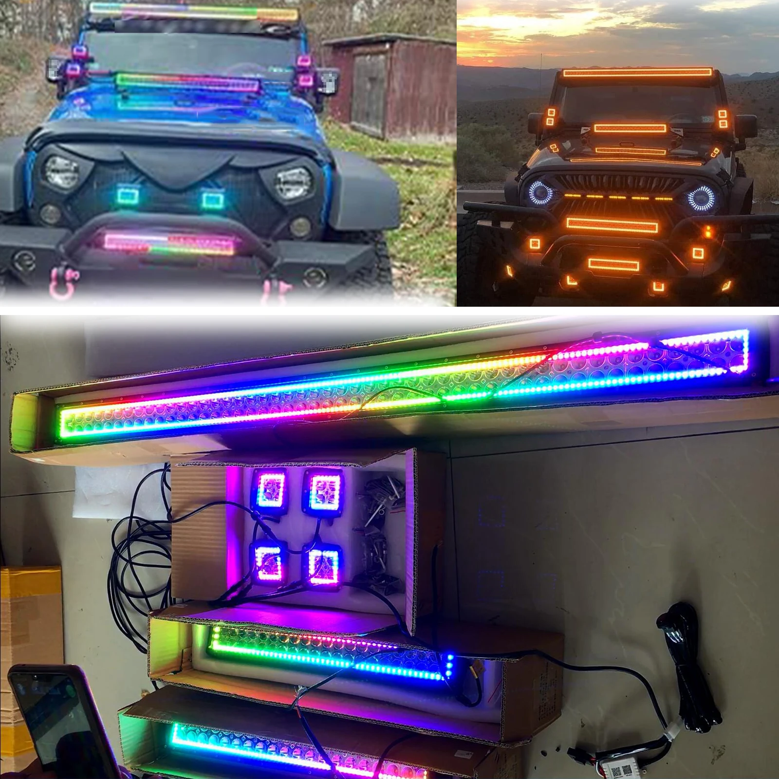 

50 inch + 22inch + 20in LED Light Bar +4pcs 4" Pods with Chasing RGB Halo & free Bluetooth Wiring Harness Kit for Jeep Truck SUV