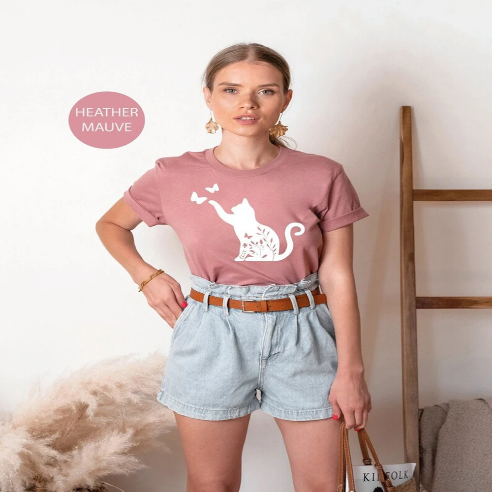 

Customized Cat Printed T-Shirt Cute Kitten Kitty Pattern Casual Short Sleeve Tops For Cat Lover Comfortable Daily Outfit