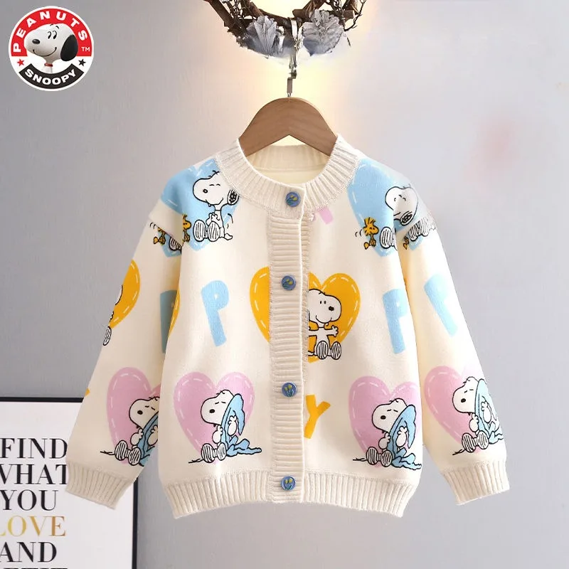 Peanuts Snoopy spring and autumn long-sleeved cartoon love printed thickened knitted cardigan children\'s casual all-match top