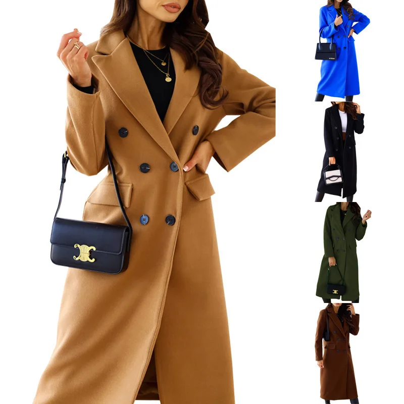 

New European and American women's simple double-breasted long-sleeved lapel button woolen coat in autumn and winter