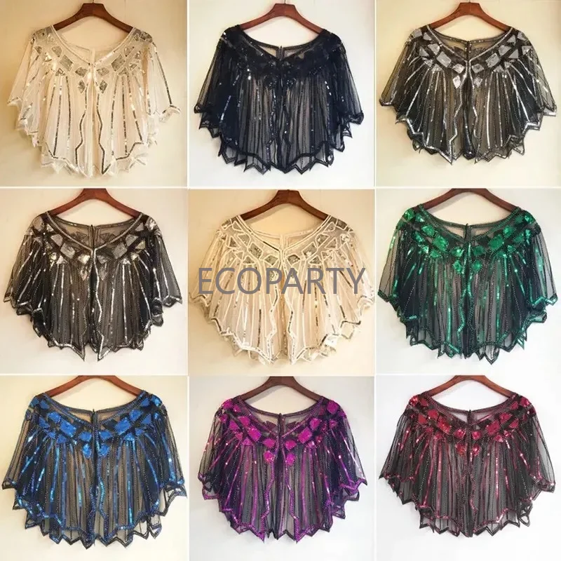 Womens 1920s Shawl Wraps Sequin Beaded Evening Cape Bridal Shawl Bolero Flapper Cover Up Gatsby Themed and Wedding Party Shawl