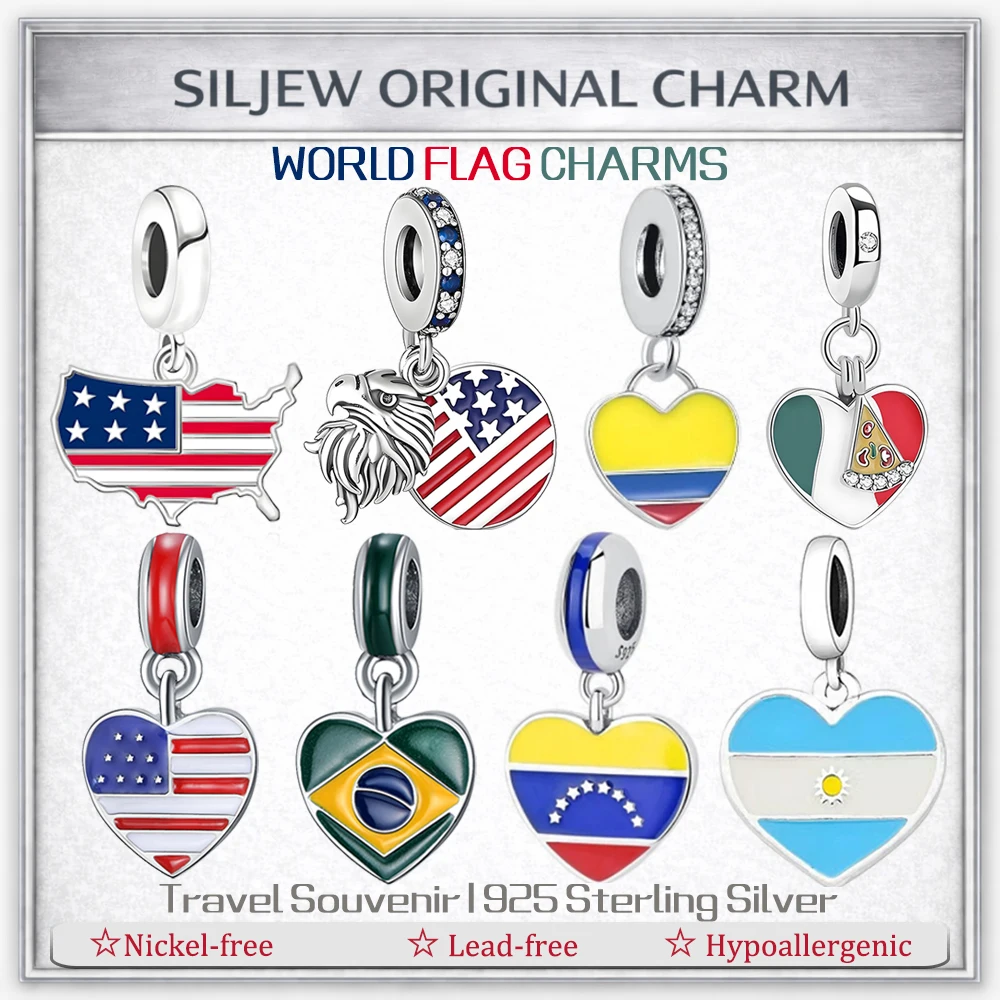 

SilJew Country Flag Heart Charm 925 Silver Enamel Pendant Fit Bracelet USA Brazil Argentina Italy Venezuela Travel Jewelry Gift