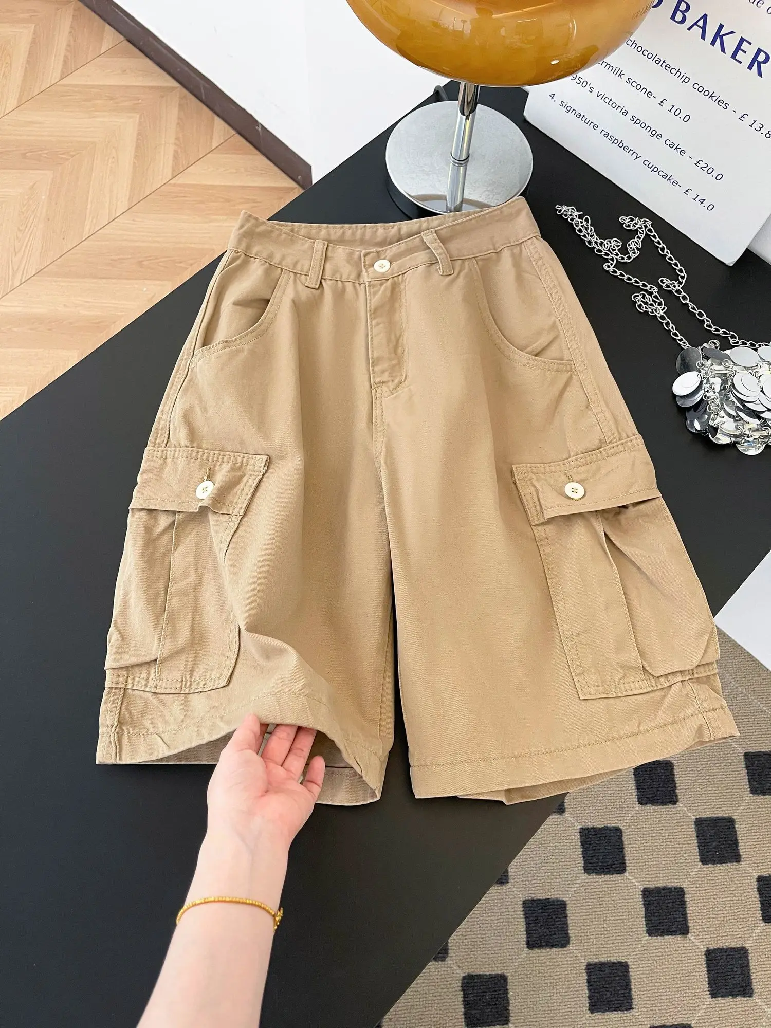 Retro Khaki Five-point Cargo Jeans Women's Summer 2026 New Loose Wide-leg Trousers Short Pants