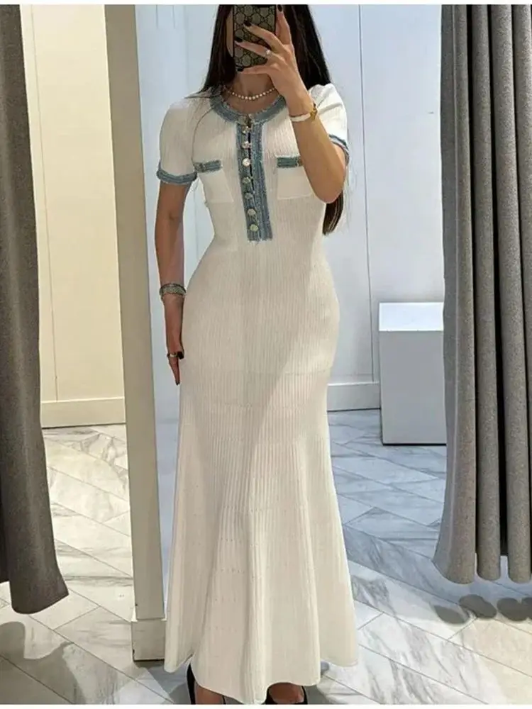 Elegante contrasterende gebreide maxi-jurk voor dames, chique O-hals, korte mouwen, metalen knopen, bodycon-jurken, kantoordame, woon-werkverkeer, gewaad - afbeelding 2