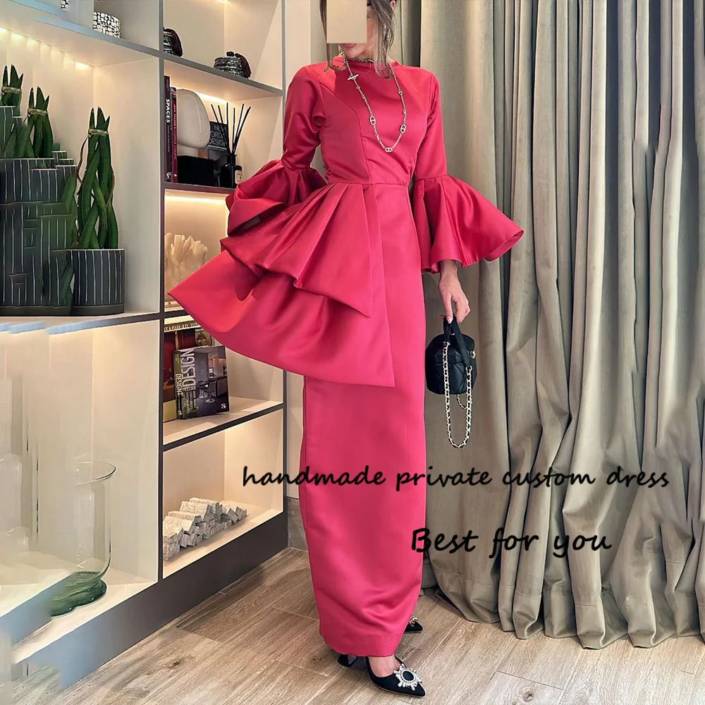 

Fuchsia Satin Mermaid Evening Dresses Long Sleeve O Neck Elegant Arabic Formal Dress Ankle Length Prom Party Gowns