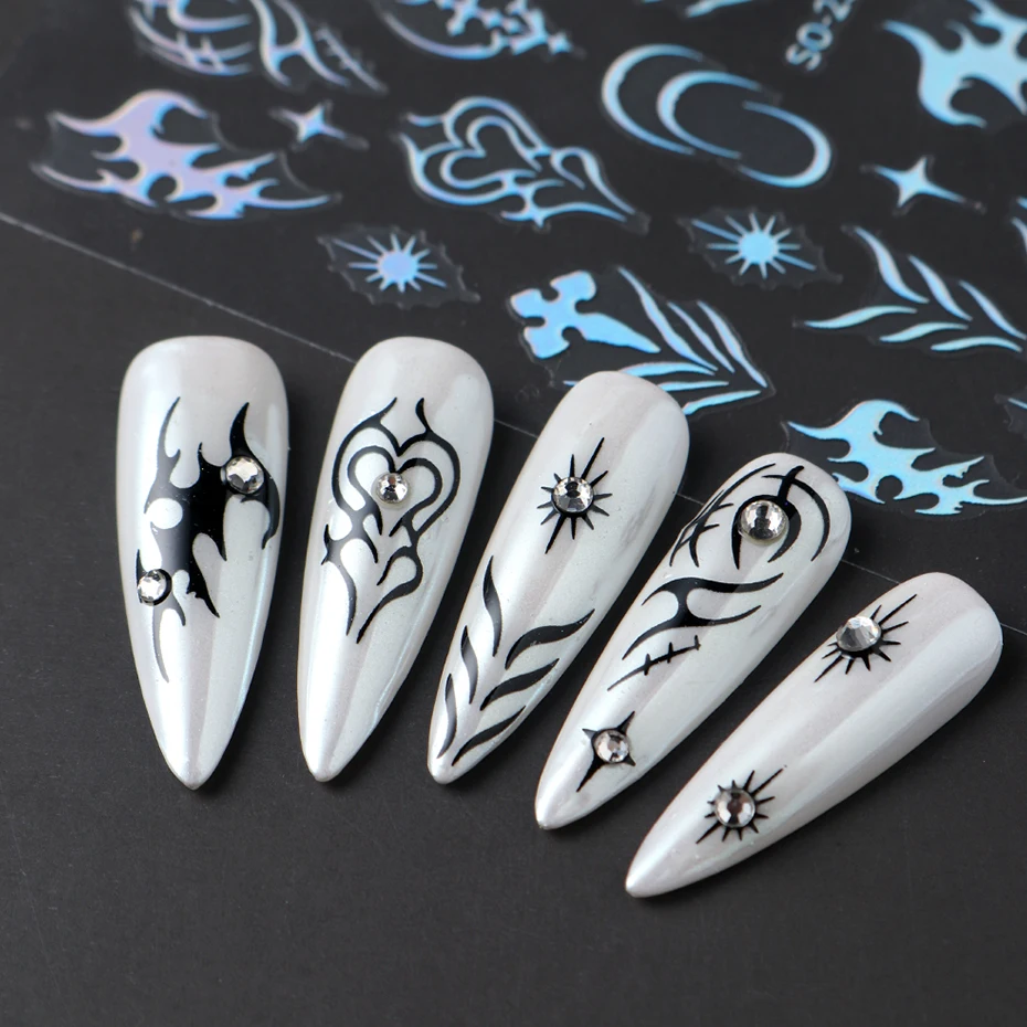 5 pcs Gothic Silvery Golden Metal Line Nail Stickers Black White Heart Stars Adhesive Nail Designs Y2K Laser Wave Nail Decor