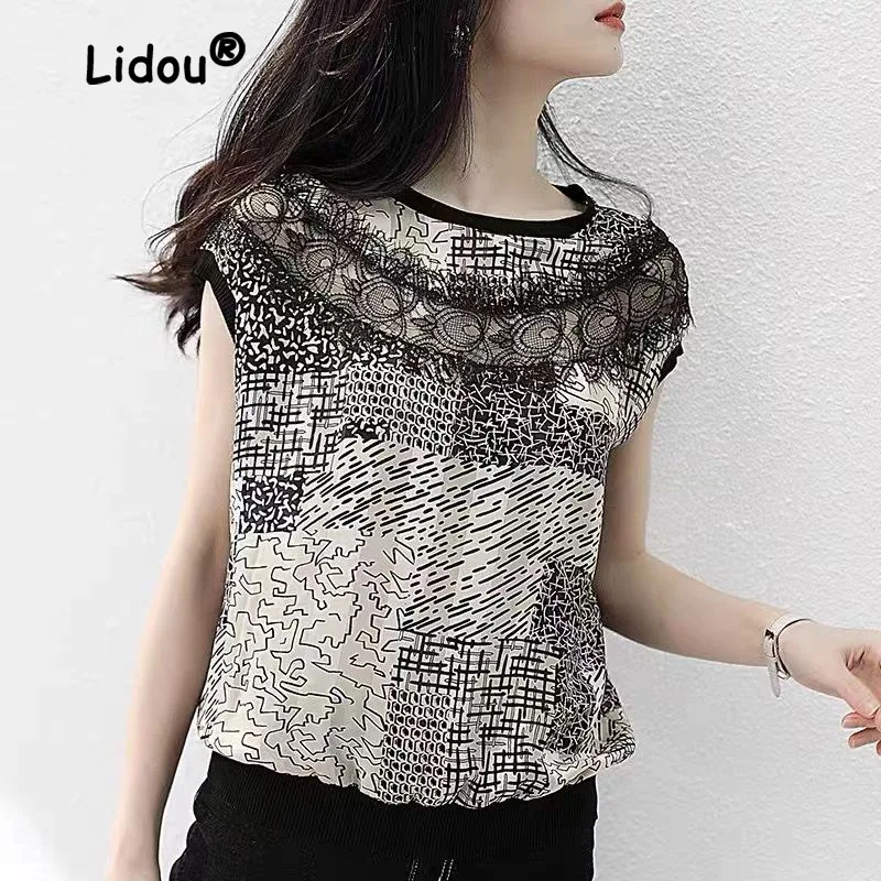 

Fashion Printing Patchwork Lace T-shirt Women Classic Short Sleeve Loose Personality O-collar Chiffon Pullover Lady Top 2023