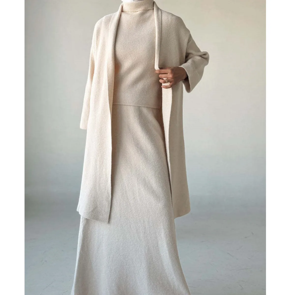 

VTKW Women's Spring Knitted Cardigan Set 2025 New Elegant Long Sleeve Open Front Coat + Maxi Skirt 2 Piece Outfit Fashion Solid