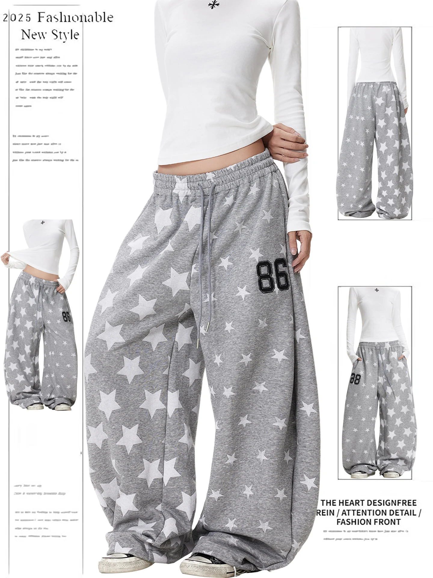 

Retro American Star Print Elastic Wide Leg Casual Pants Women's Loose Jazz Dance Trousers Spring Autumn Loose Comfortable