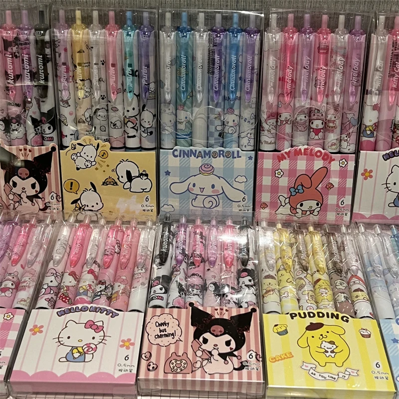 

6Pcs Sanrio Hello Kitty Pochacco Cinnamoroll Kuromi Melody Cartoon Pressing Pen Quick Drying Gel Pen Stationery School Supplies