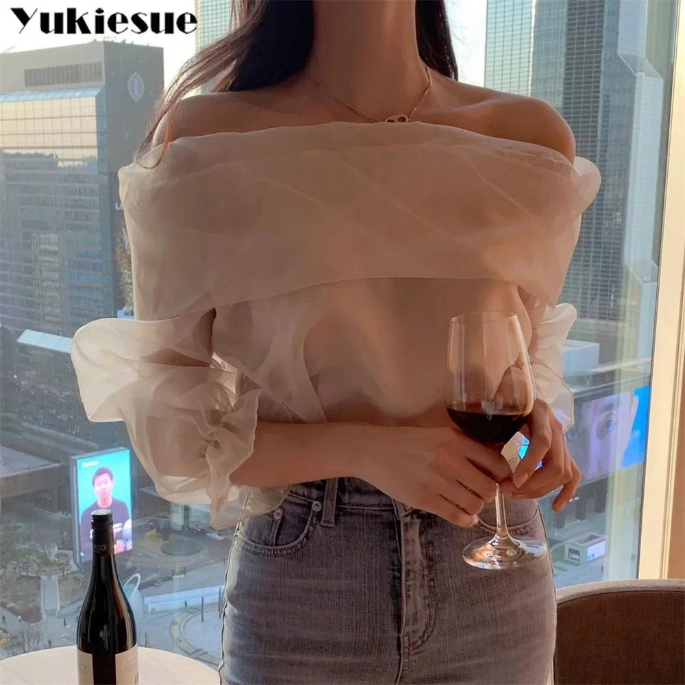 

Off Shouder Top Women Mesh Blouse Korean Style Long Sleeve Woman Blouses Fashion Ladies Tops 2025 Blusas Mujer