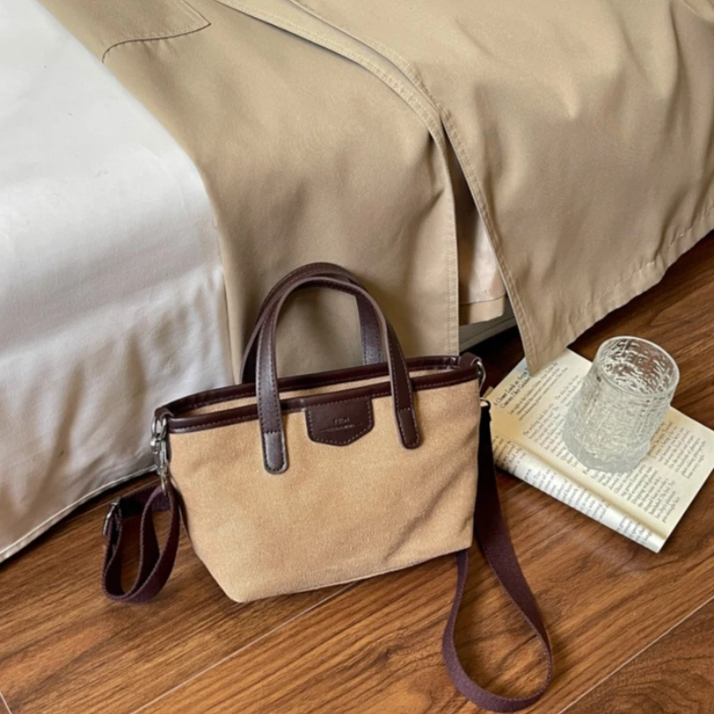 Vintage Casual Handbag Thick Vegetable Basket Canvas Shoulder Underarm Bag Women New Fashion Patchwork Crossbody Bag