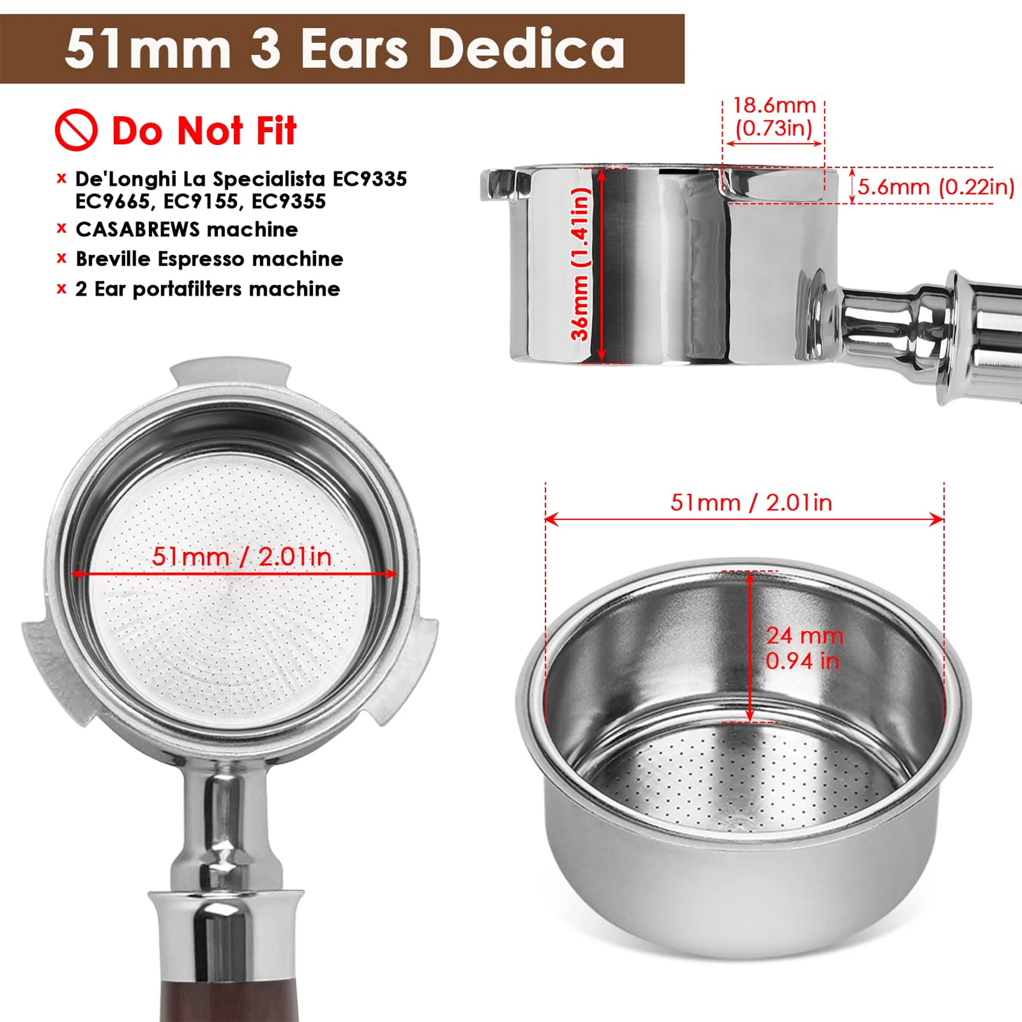 51mm Bottomless Portafilter 3 Ears, NEXBOR  Professional Espresso Portafilter 51mm for De-longhi EC680, EC685 & EC885 Machine