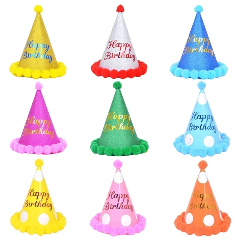 1pc Happy Birthday Party Hats Cute Dot Plush Ball Paper Caps Shower Baby Decoration Kids Adult Birthday Party Decor Supplies