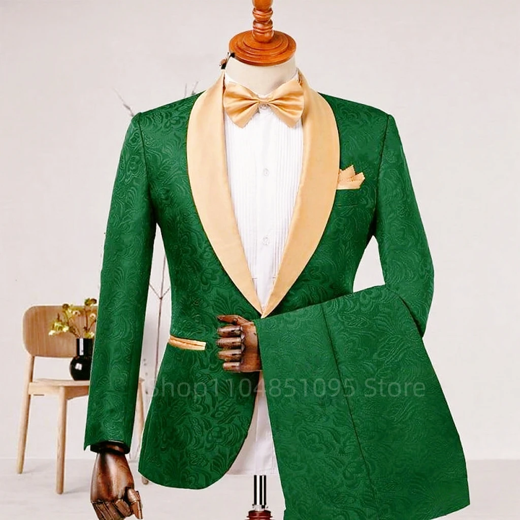 

Men's Formal Royal Blue/Green Jacquard 2-Piece Wedding Suit Shawl Lapel Slim Fit Tuxedo Business Costume for Groom Party Prom