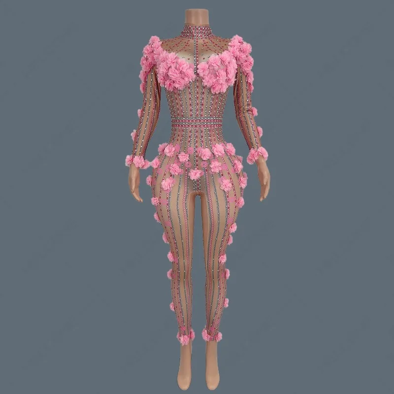 

Sexy Skinny Flower Rhinestones Long Sleeve Pink Jumpsuit Women High Street Nightclub Performance Dance Stage Outfit Huaduoku