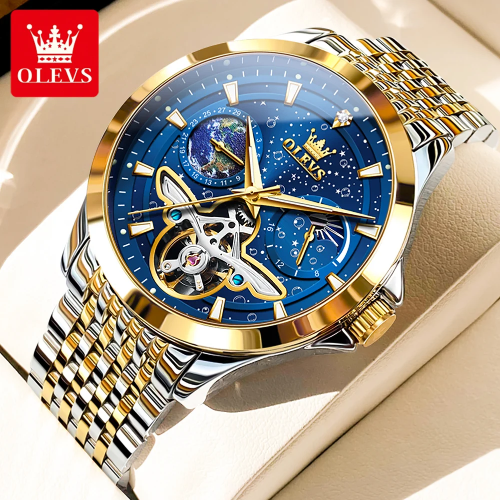 OLEVS 6705 Mens Mechanical Watch Luxury Original Flywheel Automatic Watch Waterproof Moon Phase Luminous Sports Watches
