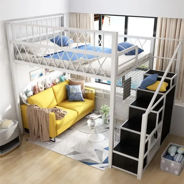Wrought iron elevated bed on the under the table Duplex second floor high and low bed Thickened children's loft bed Space-sa