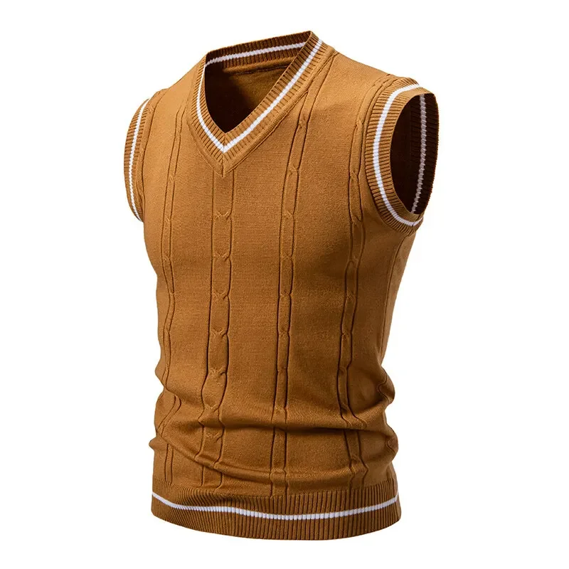 Autumn Men's V Neck Knit Vests Slim Fit Knitted Sleeveless Pullovers Fashion Pullover Smart Casual Sweater Vest Male Knitwear