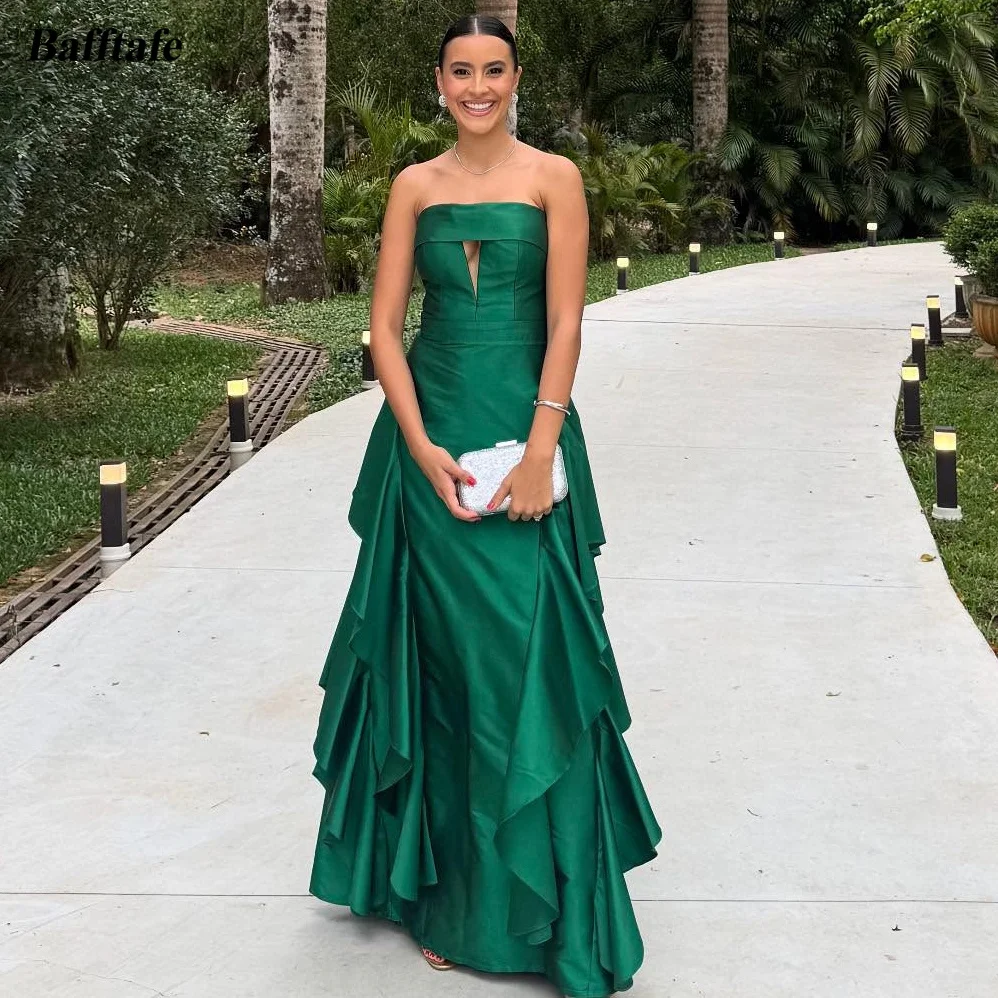 

Bafftafe Green Silk Satin Evening Gowns Customized Ruffles Women's Prom Dresses Arabic Formal Party Special Celebrity Dress