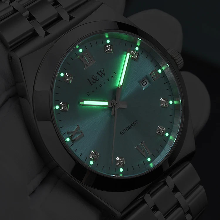 I&W ساعات رجالي فاخرة 42 ملم ساعة يد ميكانيكية أوتوماتيكية 50 متر مقاومة للماء C3 حزام فولاذي مضيء ياقوت