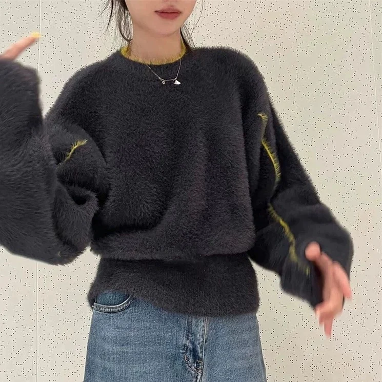 

Back 2023 New Early Autumn Hollow-out Contrast Color and Versatile round Neck Pullover Sweater 0920