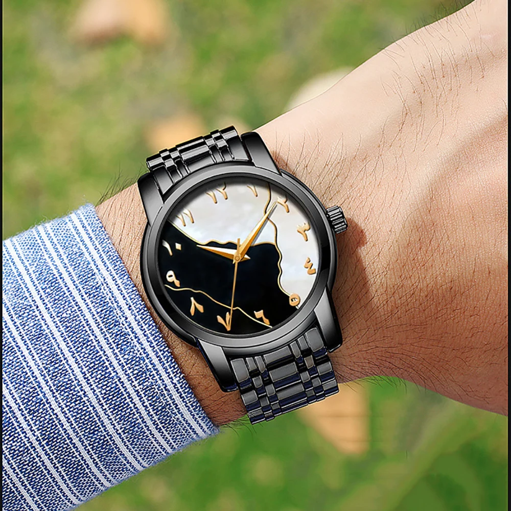 

2025 популярные арабские цифры в ближневосточном стиле, персонализированный дизайн, черные матовые масляные мужские кварцевые часы