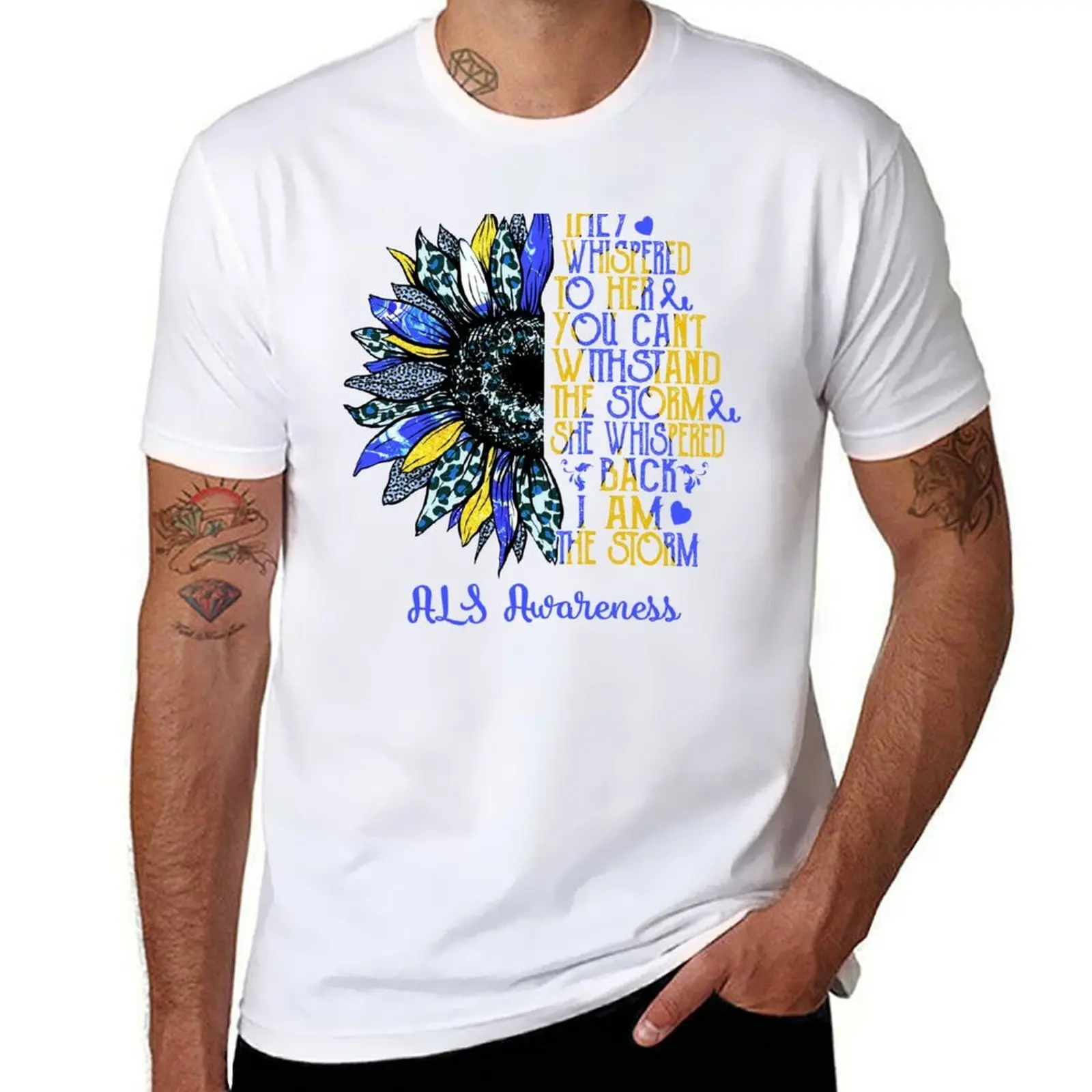 

I Am The Storm Sunflower Leopard ALS Awareness T-Shirt cotton t shirts man 100% t shirts for man cotton soft T-Shirt