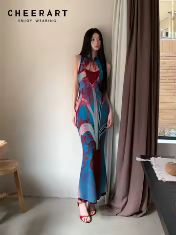 CHEERART Designer Floral Long Summer Dress Woman 2025 Party Evening Bodycon Tunics Sleeveless A Line Midi Dress Clothing