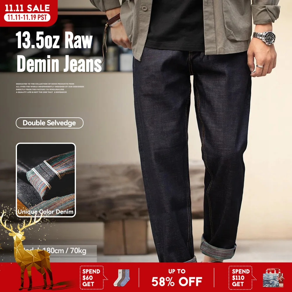 Maden Vintage Colored Cotton Raw Denim Jeans for Men 13.5 OZ Selvedge Jeans Mid Waist Straight Pants Streetwear Trousers