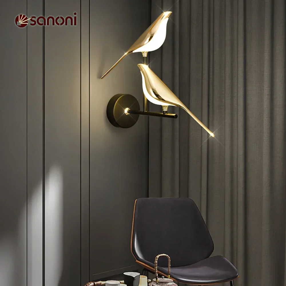 Nordic LED Wall Lamps Gold Magpie Bird For Living Room Bedroom Bedside Rotatable Wall Sconce Pendant Lamp Decor Lustre Lighting