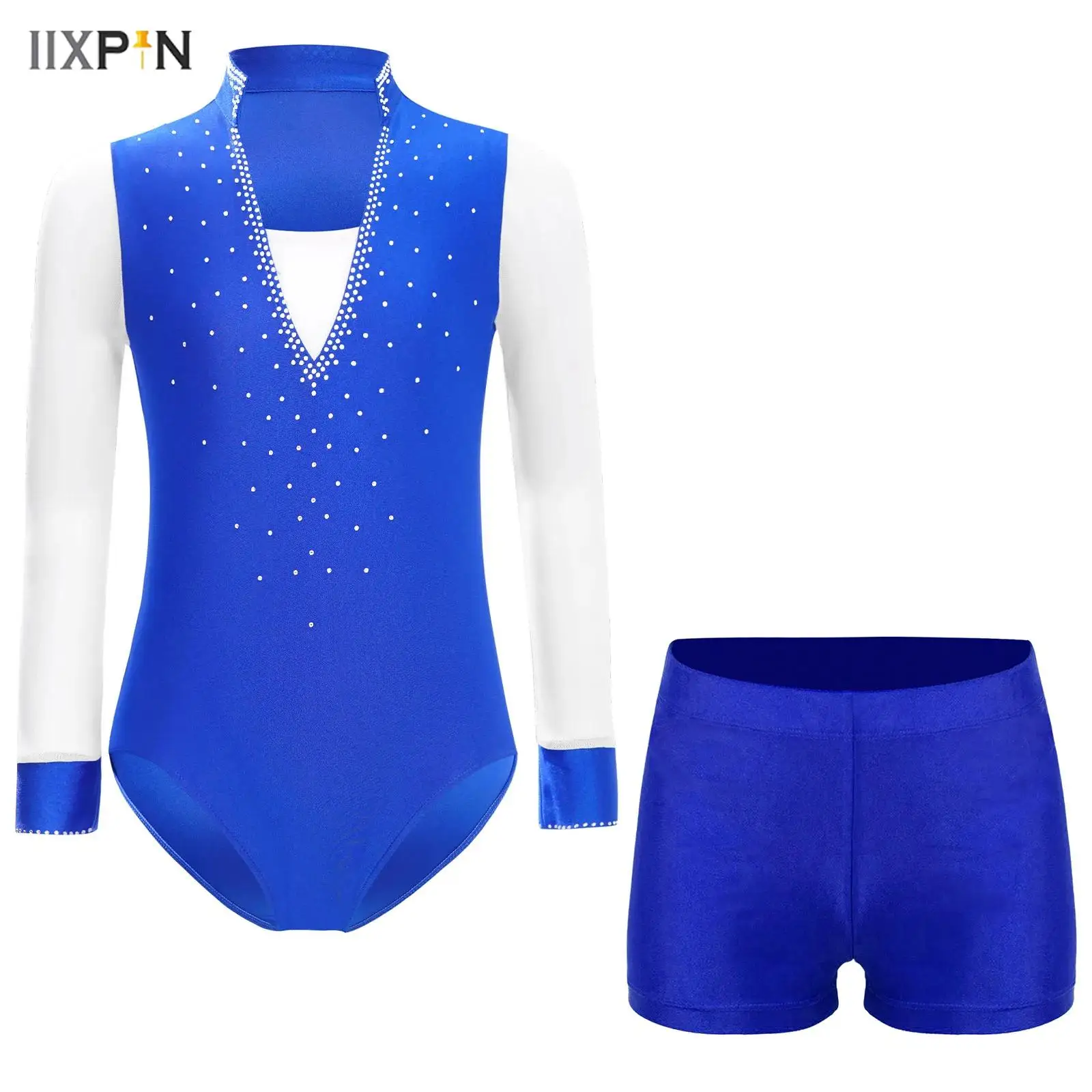

Kids Boys Figure Skating Dance Leotard Latin Jazz Dance Costumes Sheer Mesh Long Sleeve Shiny Rhinestones Bodysuit with Shorts