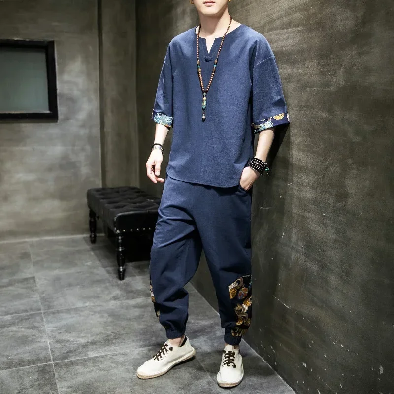 Винтажные комплекты с вышивкой и v-образным вырезом, топы и брюки с длинными рукавами, уличная одежда в китайском стиле, хлопковый свободный мужской костюм, повседневный комплект из 2 предметов 1 MN1