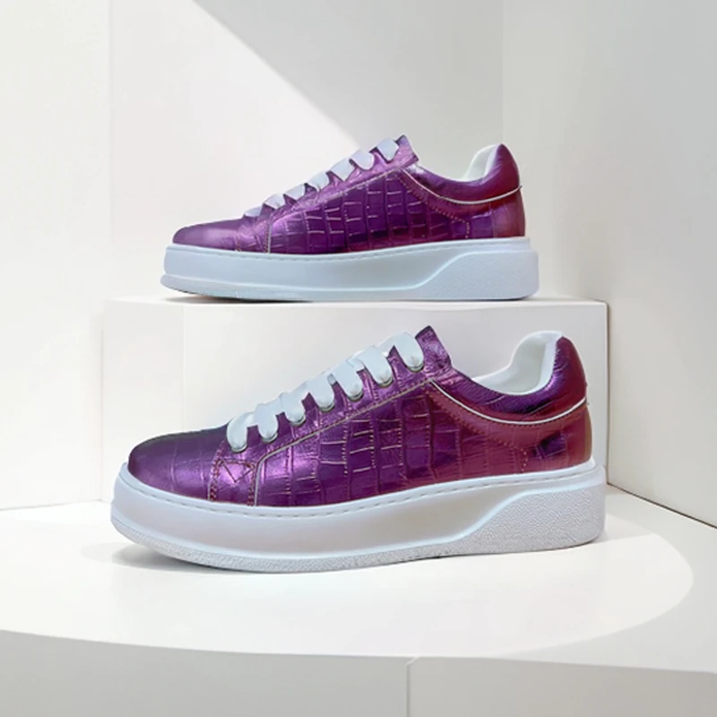 

Purple Low Sneakers Women Cow Leather Lace-up Stone Pattern Business Croc-Sneakers Casual Shoes Flats Unisex Handmade