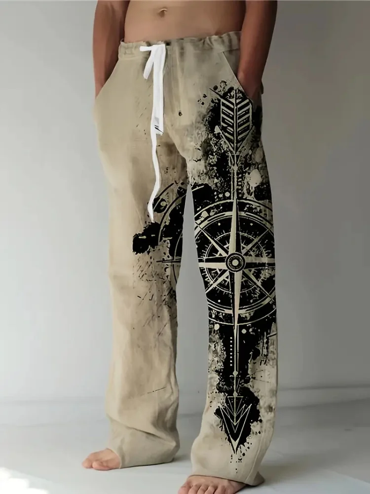 Retro Compass Printed Men's Casual Pants Harajuku Street Trendy Men's Straight Leg Pants Casual High Waisted Drawstring Pants