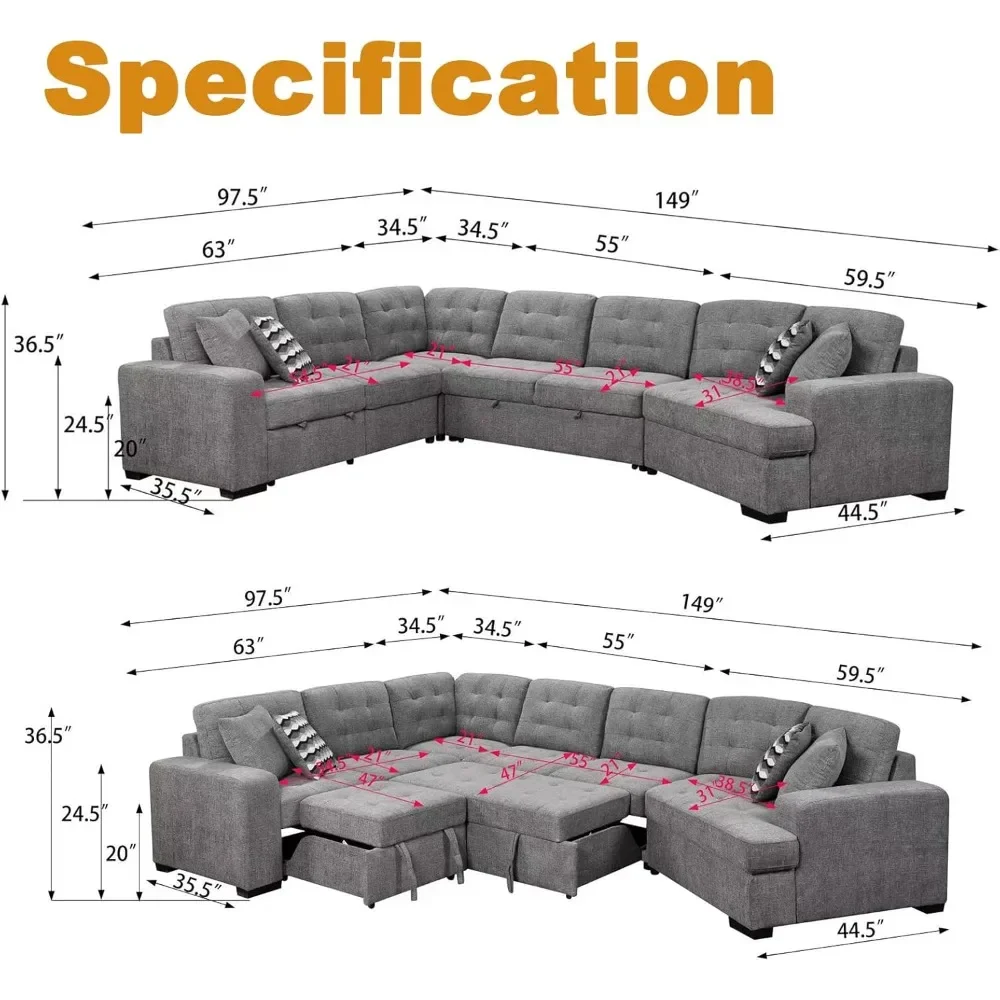 149'' Oversized Sectional Sleeper Sofa with Chaise Lounge and Pull Out Bed, 7-Seater U-Shaped Sectional Couches with Cuddler