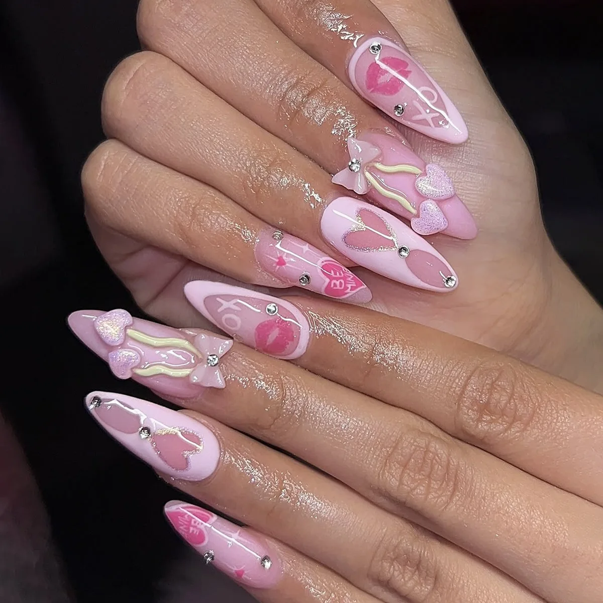 

24PCS Sweet Pink Press on Acrylic Nails Cute Bow Heart Love Sexy Lips Fake Nails Romantic Valentines Day French Design Removable