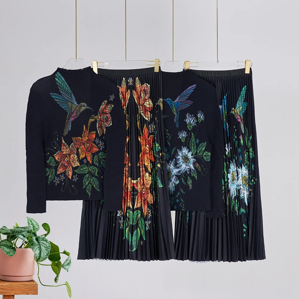 

Fashion Runway 2 Piece Set Casual Outfits Vintage Elegant Floral Print Stretched Pullovers Top+A Line Pleated Party Long Skirts