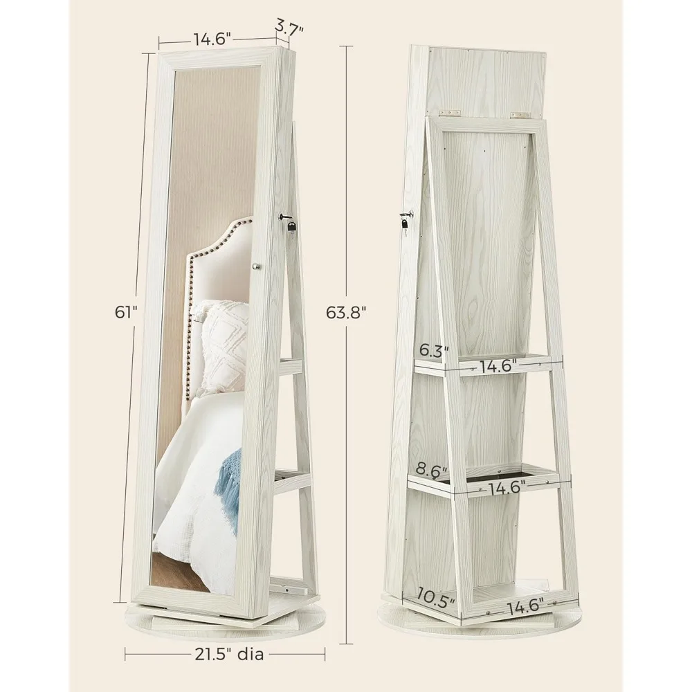 Vanity Mirror, 360° Swivel Jewelry Cabinet, Lockable Jewelry Organizer with Full-Length Mirror, Interior Mirror, Vanity Mirror