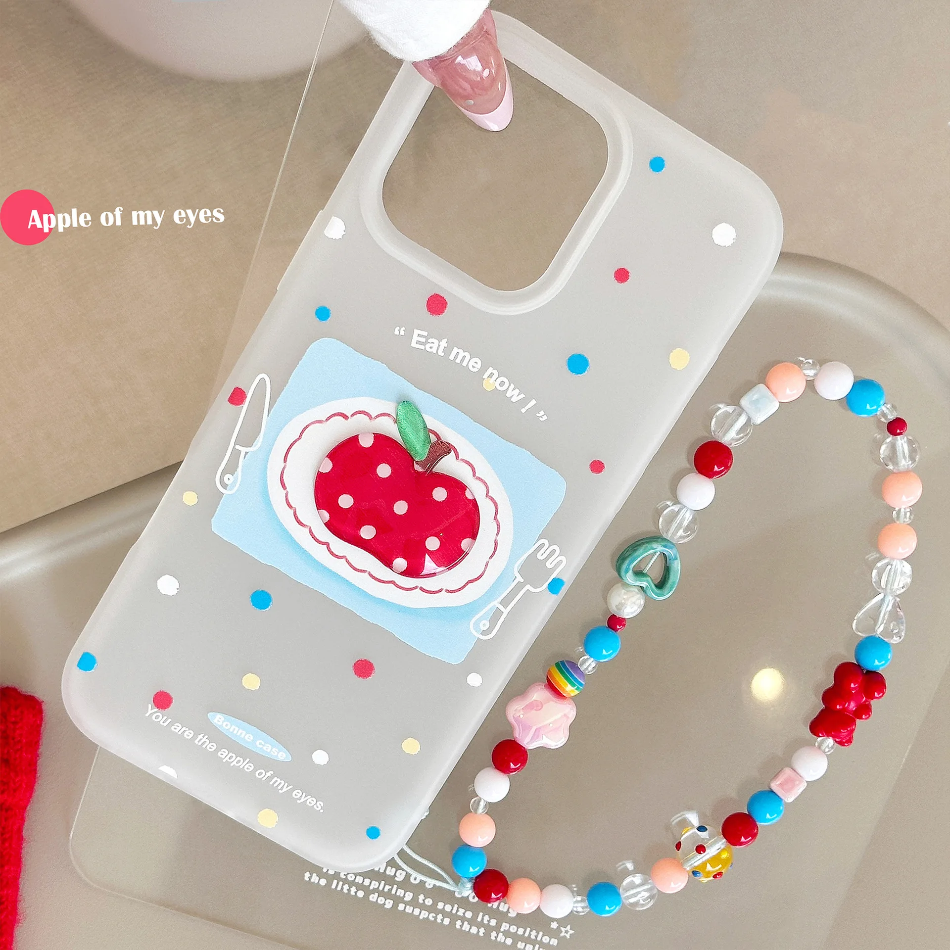 Korean Colorful Polka Dots 3D Cartoon Red Apple With Chain Phone Case for iPhone 17 16 15 14 13 12 Pro Max Shockproof Soft Cover view 2