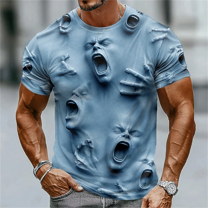 2026 New Halloween Short-Sleeve Men's Casual Crew Neck T-Shirt with 3D Screaming Portrait Print Dark Art Style Holiday Party Top