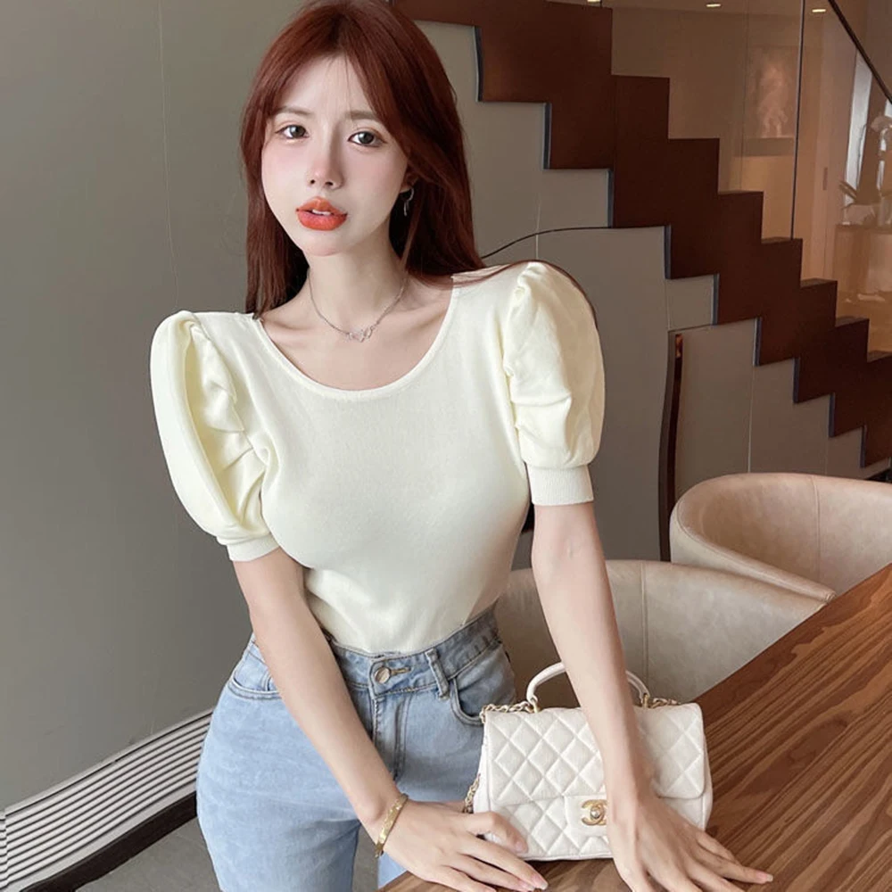 Korean Style Elegant T-shirt For Women 2024 New Summer Color Contrast Sexy Backless Bow Tops Ladies Black Slim Short Sleeved Tee