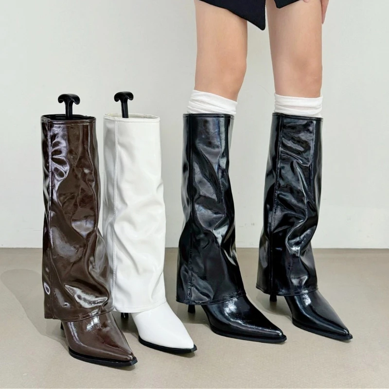 

Сексуальные сапоги на высоком каблуке с острым носком, женские складные осенне-зимние длинные сапоги, женские широкие сапоги прямого кроя, модные брендовые женские сапоги до колена